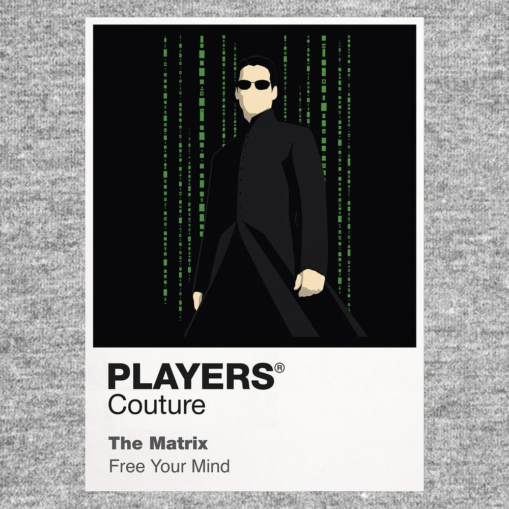 The Matrix Neo, Trinity and Morpheus in black coats against the green digital rain of the simulated world Icon Frame artwork in grey