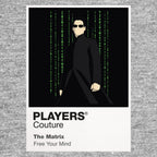 The Matrix Neo, Trinity and Morpheus in black coats against the green digital rain of the simulated world Icon Frame artwork in grey
