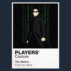 The Matrix Neo, Trinity and Morpheus in black coats against the green digital rain of the simulated world Icon Frame artwork in navy