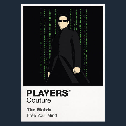 The Matrix Neo, Trinity and Morpheus in black coats against the green digital rain of the simulated world Icon Frame artwork in navy