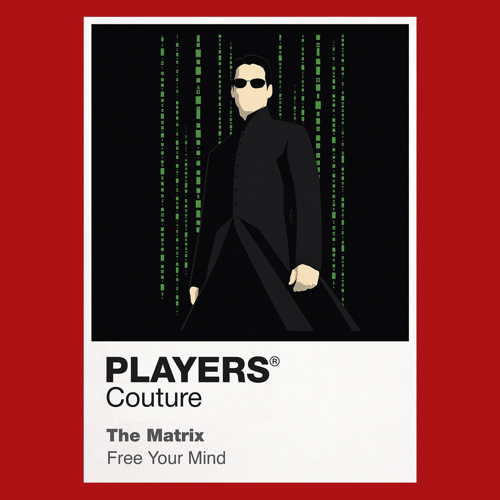 The Matrix Neo, Trinity and Morpheus in black coats against the green digital rain of the simulated world Icon Frame artwork in red