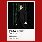The Matrix Neo, Trinity and Morpheus in black coats against the green digital rain of the simulated world Icon Frame artwork in red