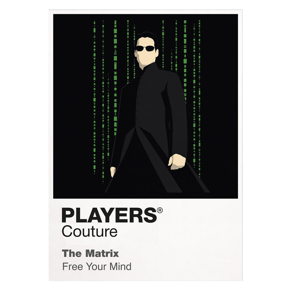The Matrix Neo, Trinity and Morpheus in black coats against the green digital rain of the simulated world Icon Frame artwork on white