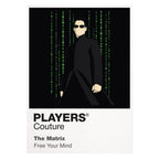 The Matrix Neo, Trinity and Morpheus in black coats against the green digital rain of the simulated world Icon Frame artwork on white
