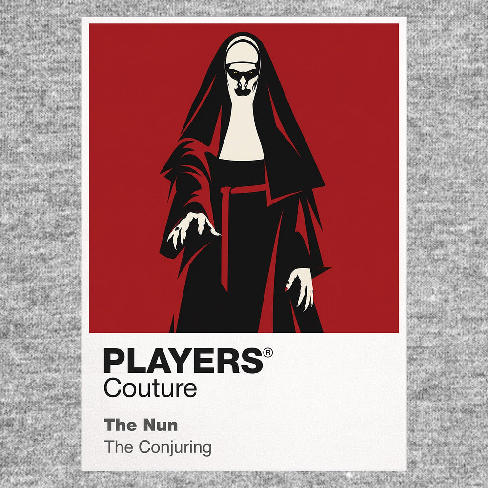 The Nun Valak's white face and black habit emerging from the corridors of a Romanian abbey Icon Frame artwork in grey