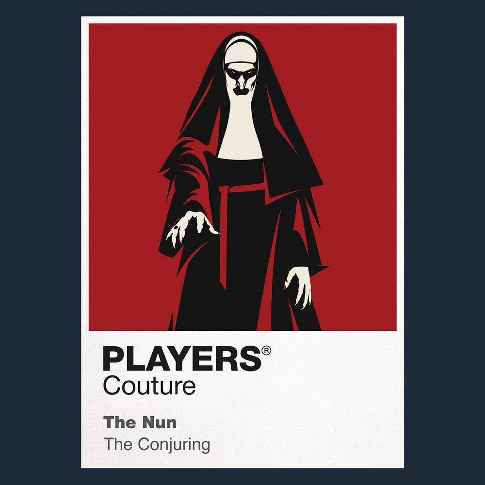 The Nun Valak's white face and black habit emerging from the corridors of a Romanian abbey Icon Frame artwork in navy