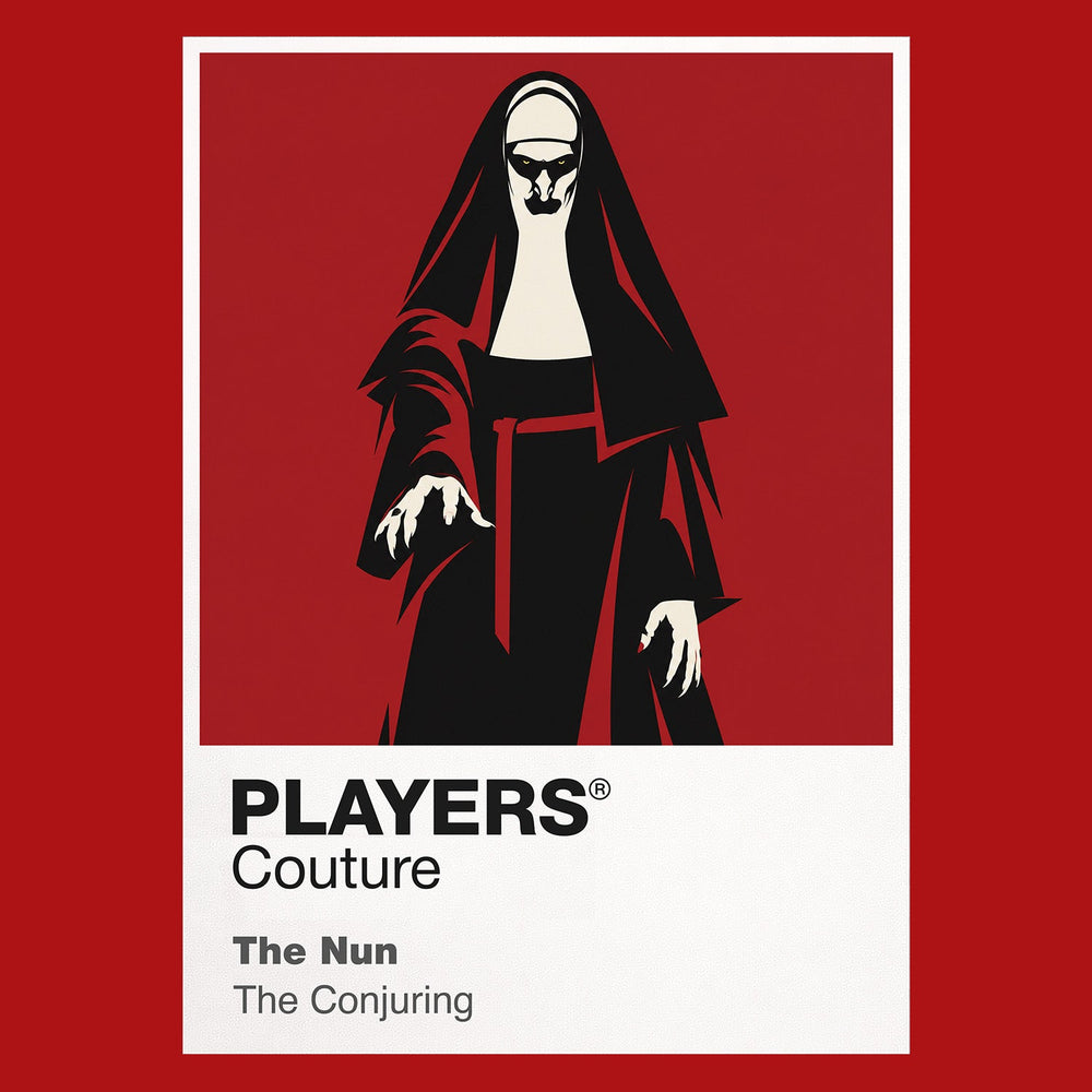 The Nun Valak's white face and black habit emerging from the corridors of a Romanian abbey Icon Frame artwork in red