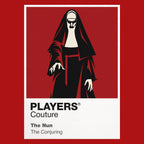The Nun Valak's white face and black habit emerging from the corridors of a Romanian abbey Icon Frame artwork in red