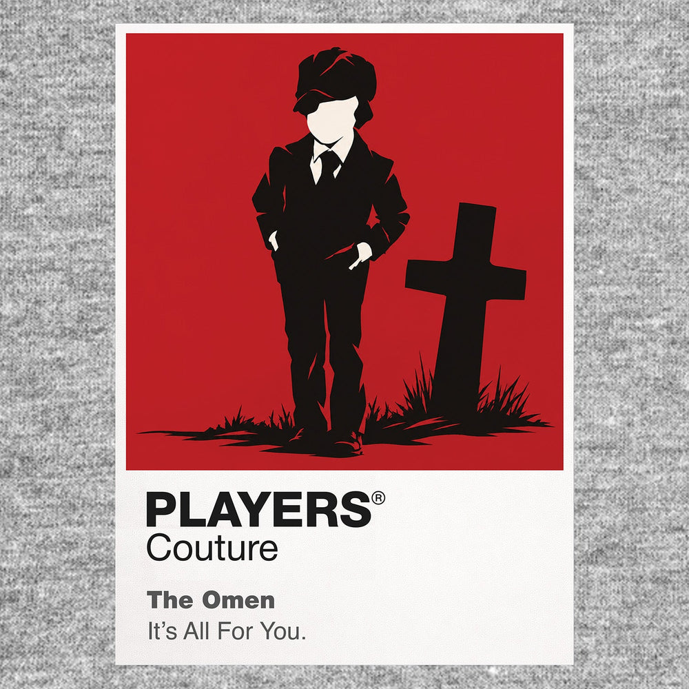 The Omen Damien's small suited figure beneath ominous church architecture and the shadow of the number 666 Icon Frame artwork in grey