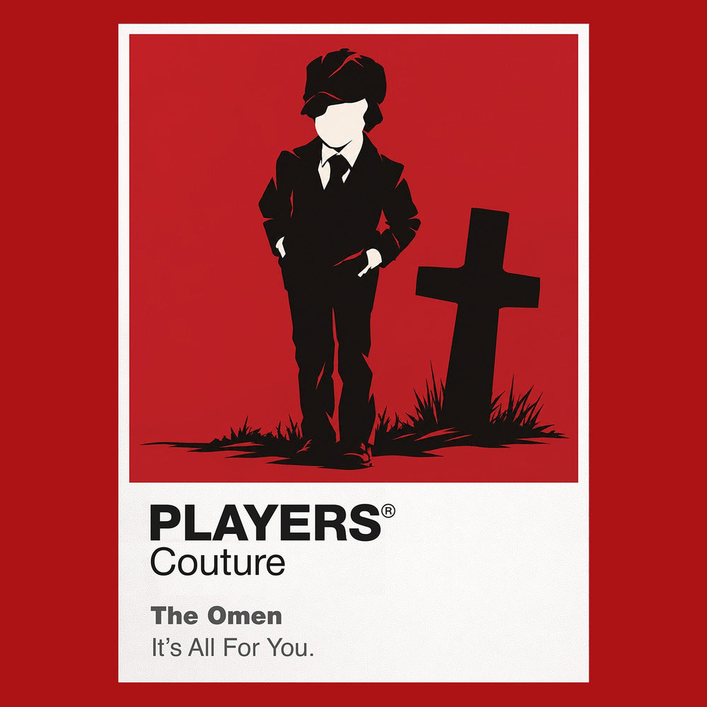 The Omen Damien's small suited figure beneath ominous church architecture and the shadow of the number 666 Icon Frame artwork in red