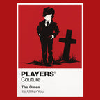 The Omen Damien's small suited figure beneath ominous church architecture and the shadow of the number 666 Icon Frame artwork in red
