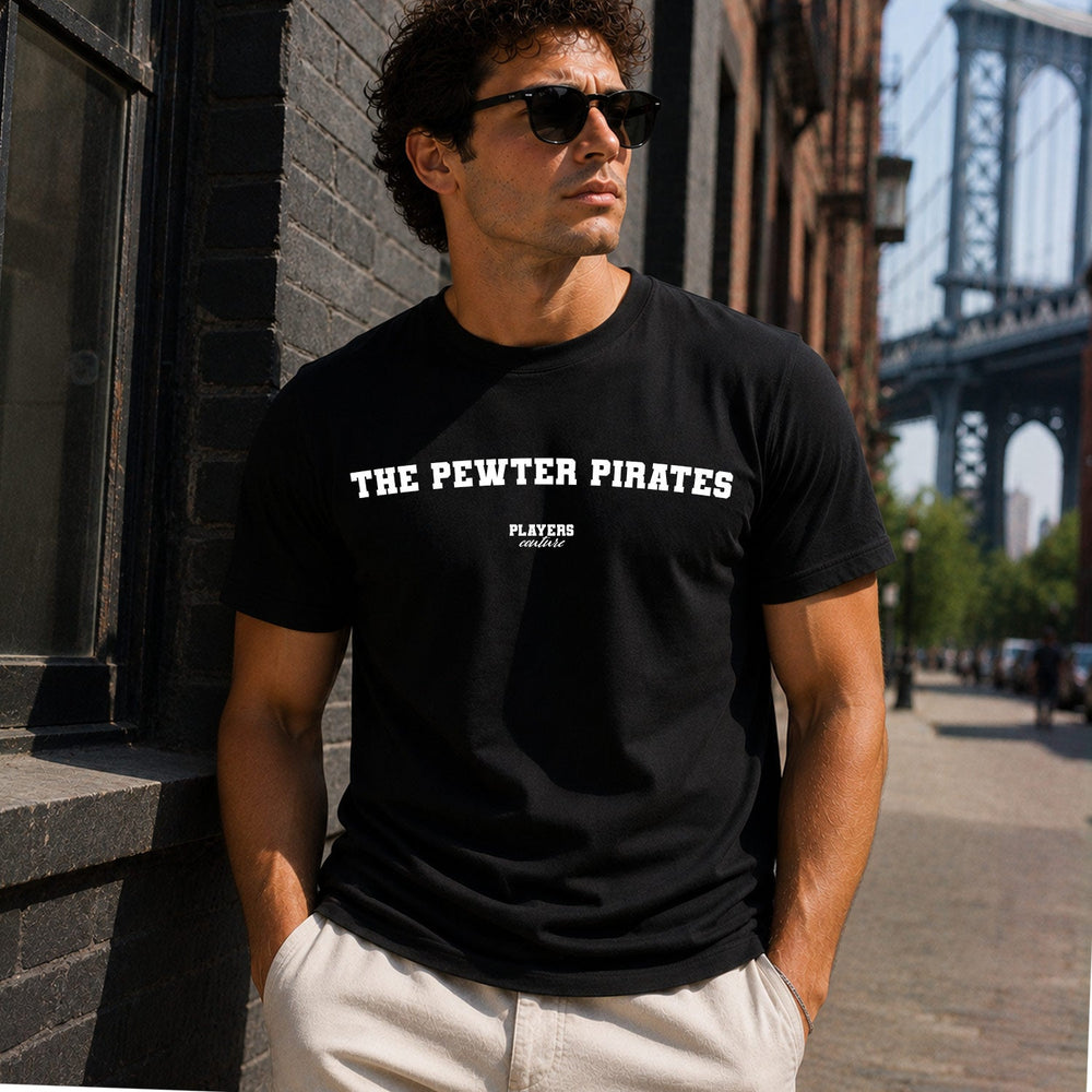 The Pewter Pirates Men's T-Shirt — lifestyle photo, Black t-shirt