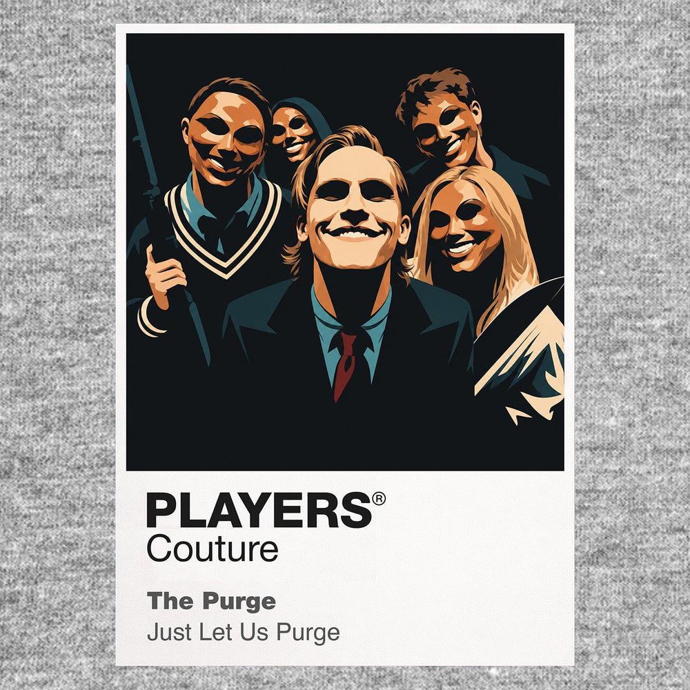 The Purge masked intruders outside the Sandin family's secured home during the annual Purge night Icon Frame artwork in grey