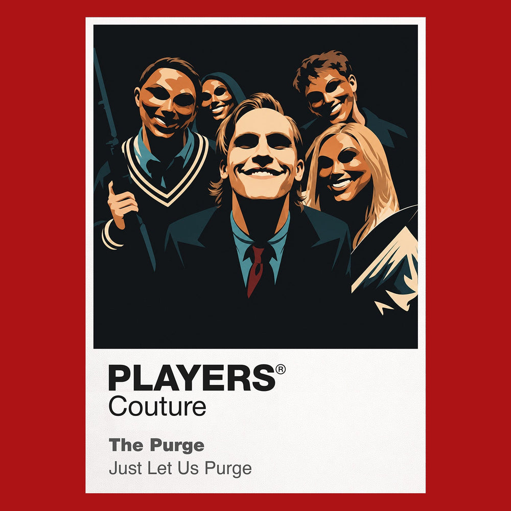 The Purge masked intruders outside the Sandin family's secured home during the annual Purge night Icon Frame artwork in red
