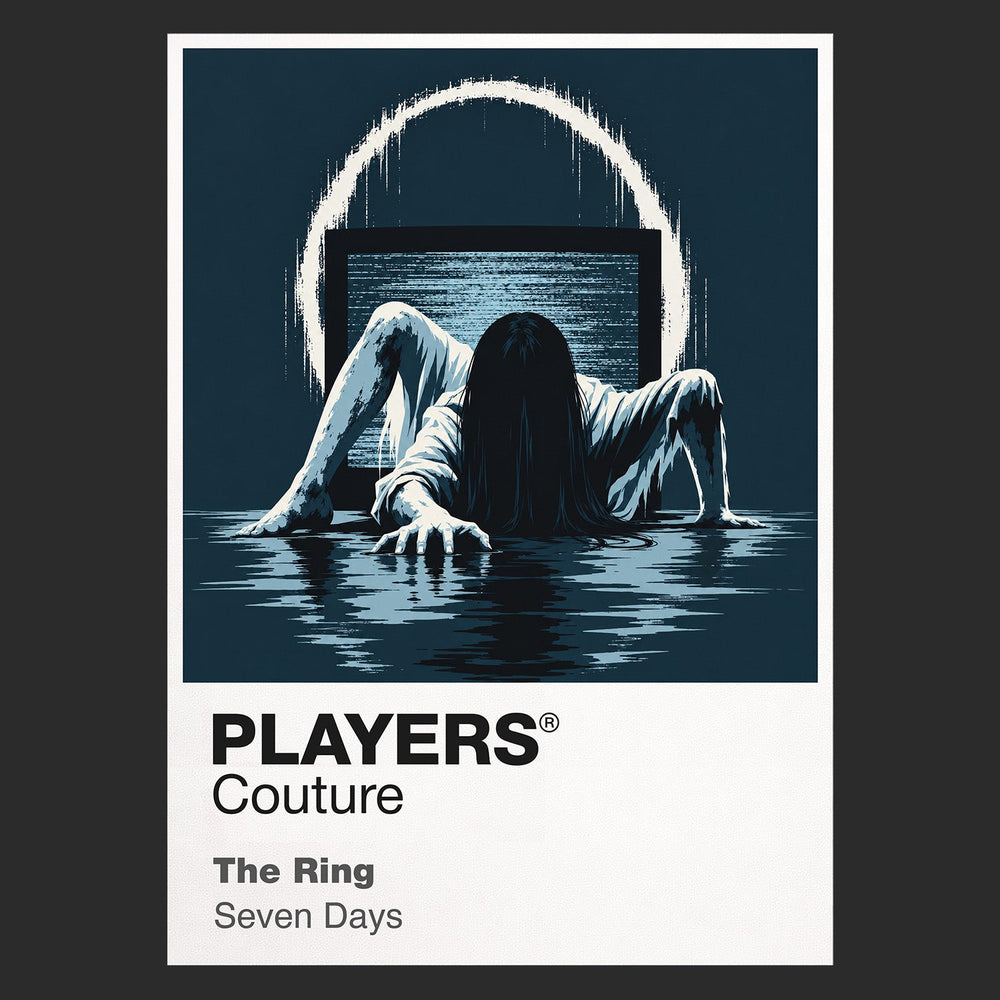 The Ring Samara emerging from the well and television static surrounding the cursed videotape Icon Frame artwork in black