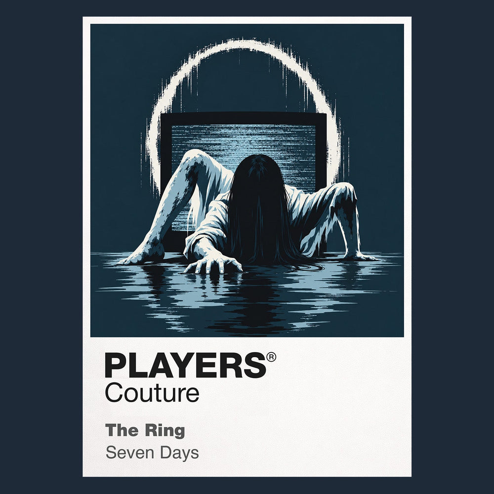 The Ring Samara emerging from the well and television static surrounding the cursed videotape Icon Frame artwork in navy