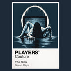 The Ring Samara emerging from the well and television static surrounding the cursed videotape Icon Frame artwork in navy