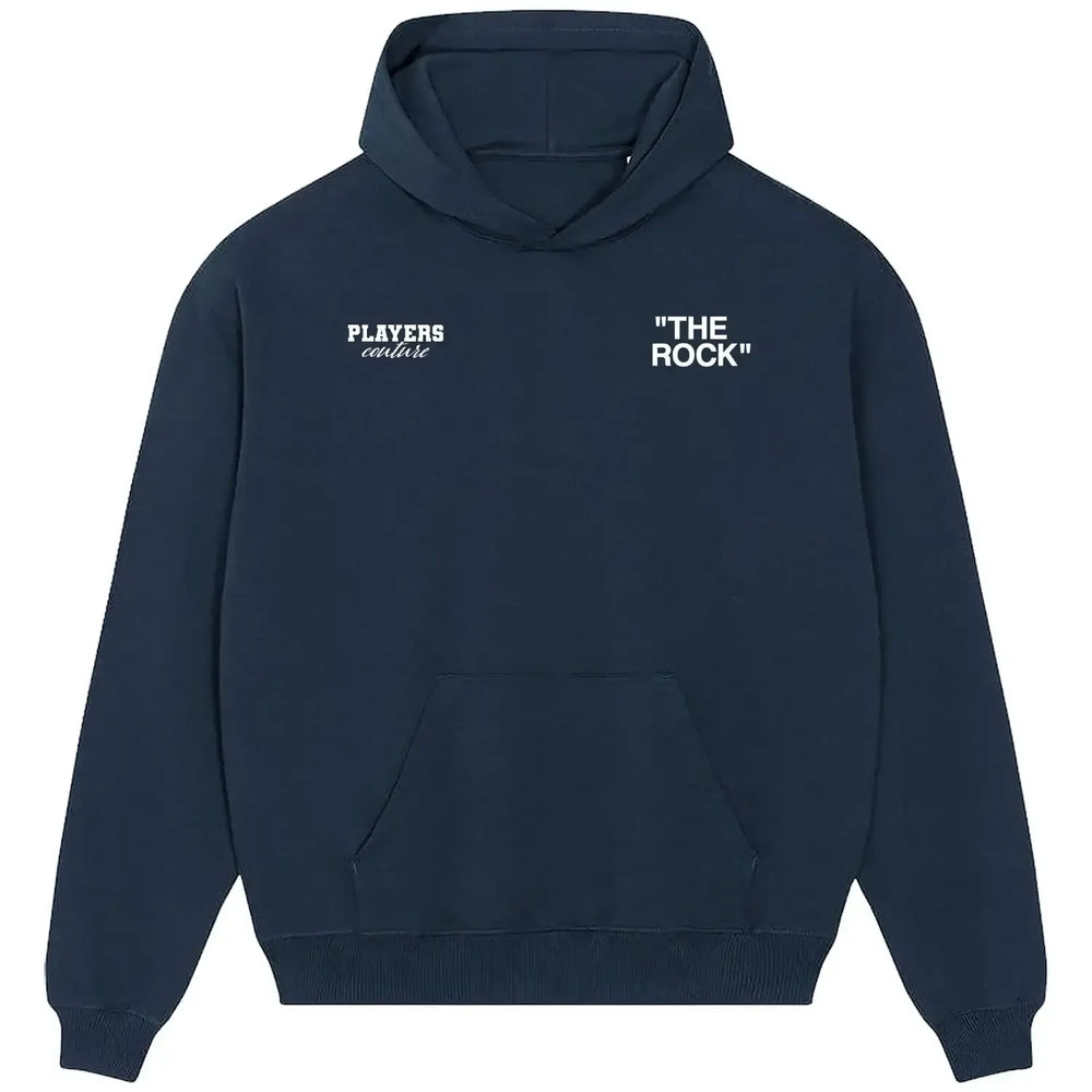 The Rock hoodie – navy men's hoodie featuring the The Rock Players Couture logo