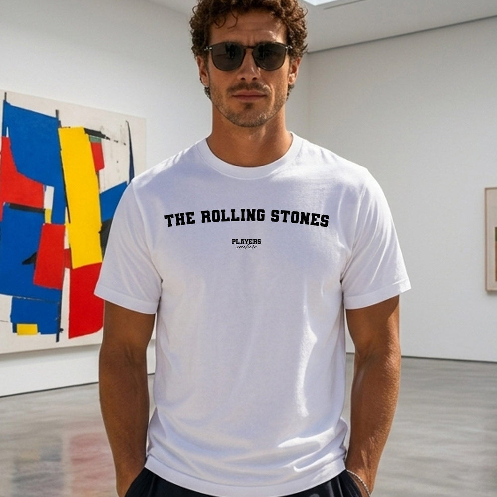 The Rolling Stones Men's T-Shirt — lifestyle photo, White t-shirt