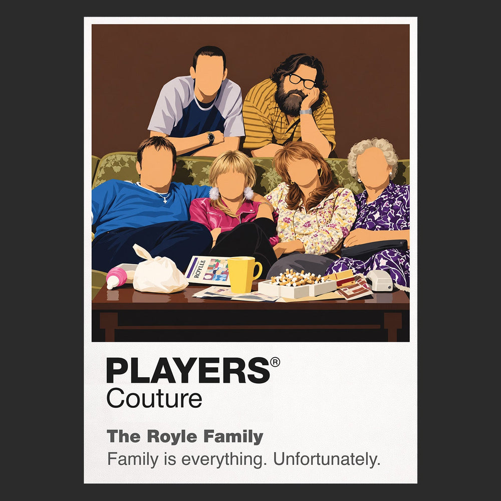 The Royle Family Jim, Barbara, Denise, Dave and Antony gathered around the Royle family television Icon Frame artwork in black