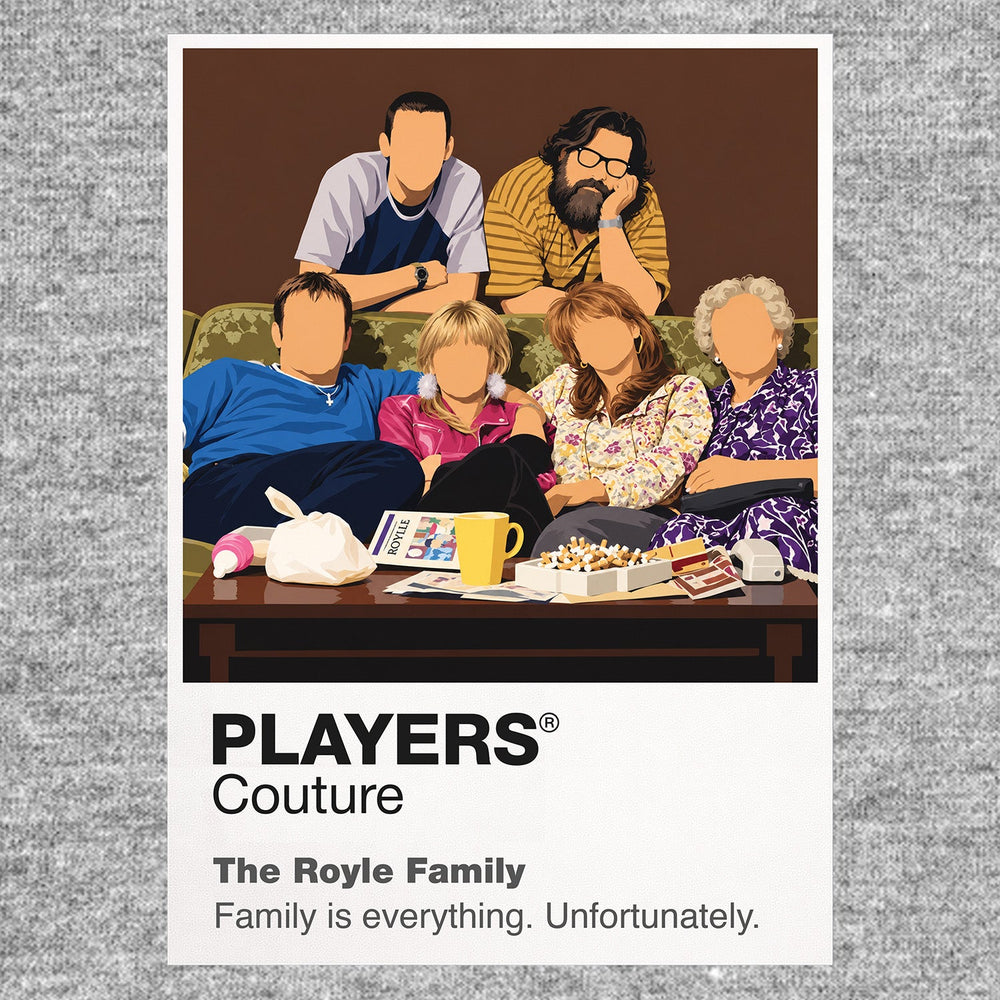 The Royle Family Jim, Barbara, Denise, Dave and Antony gathered around the Royle family television Icon Frame artwork in grey