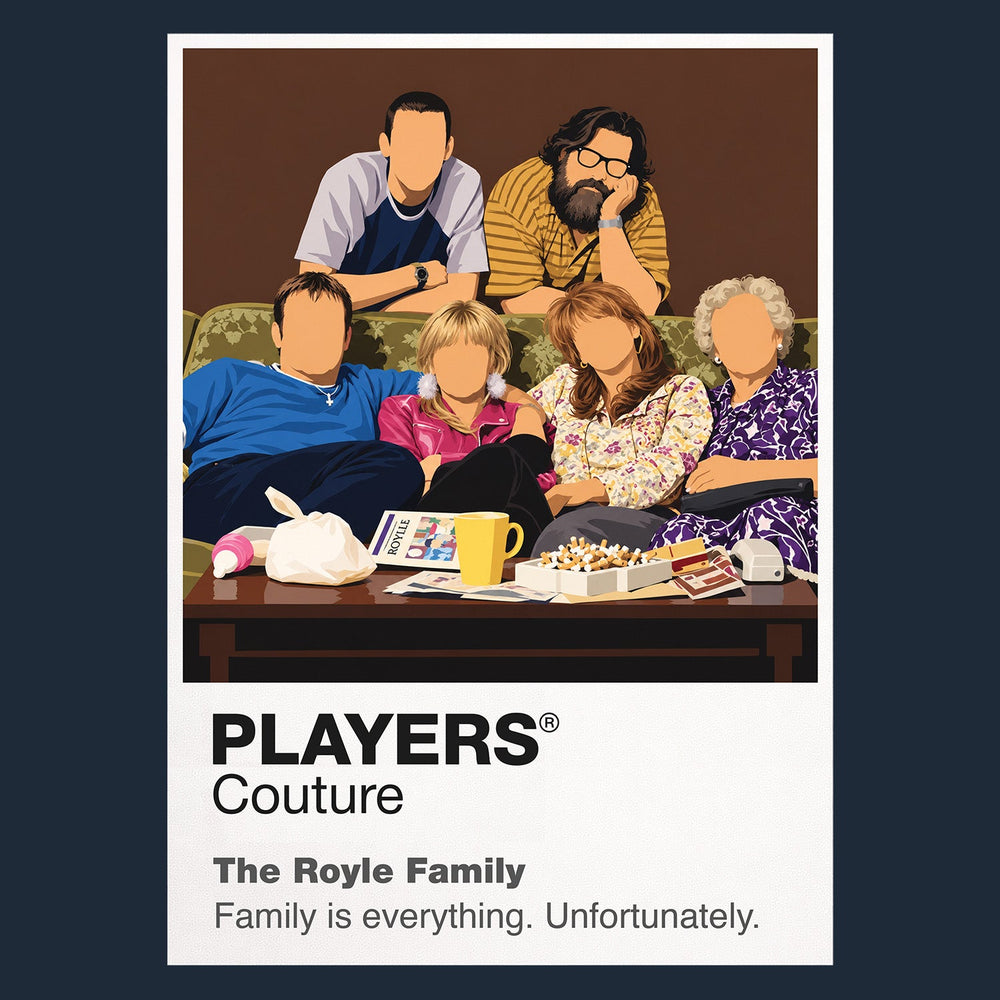 The Royle Family Jim, Barbara, Denise, Dave and Antony gathered around the Royle family television Icon Frame artwork in navy