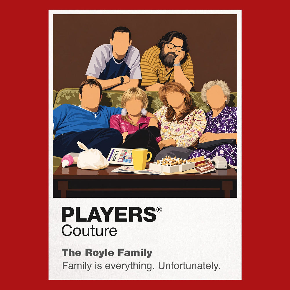 The Royle Family Jim, Barbara, Denise, Dave and Antony gathered around the Royle family television Icon Frame artwork in red