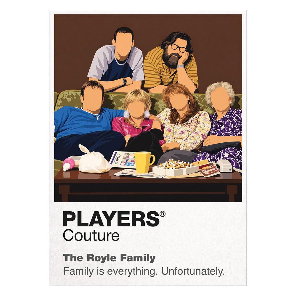 The Royle Family Jim, Barbara, Denise, Dave and Antony gathered around the Royle family television Icon Frame artwork on white