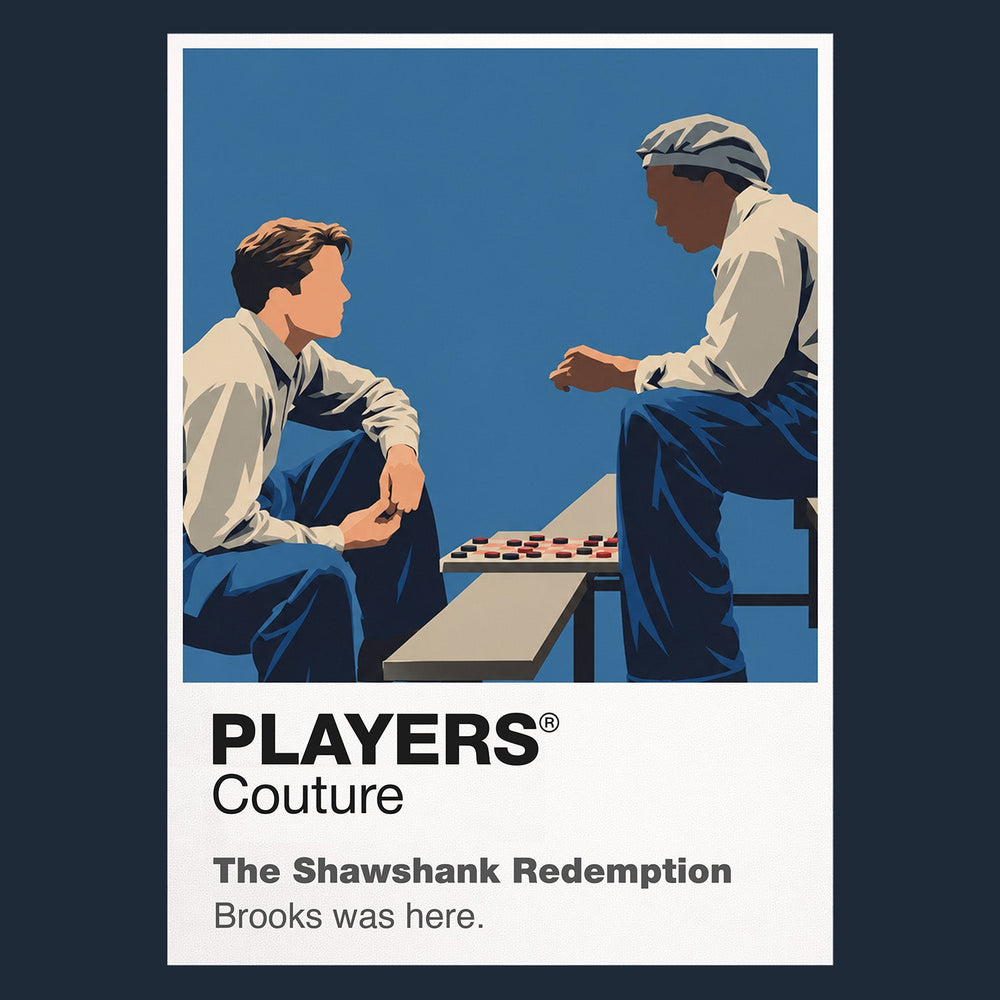 The Shawshank Redemption Andy Dufresne and Red within Shawshank's walls, with rain and open sky representing hard-won hope Icon Frame artwork in navy