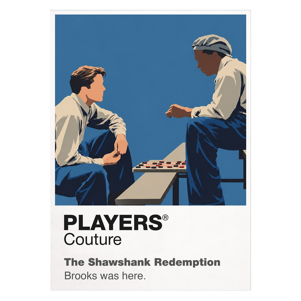 The Shawshank Redemption Andy Dufresne and Red within Shawshank's walls, with rain and open sky representing hard-won hope Icon Frame artwork on white