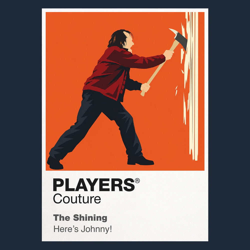 The Shining Jack Torrance in the Overlook Hotel's geometric corridors while Danny's tricycle traces the carpet Icon Frame artwork in navy