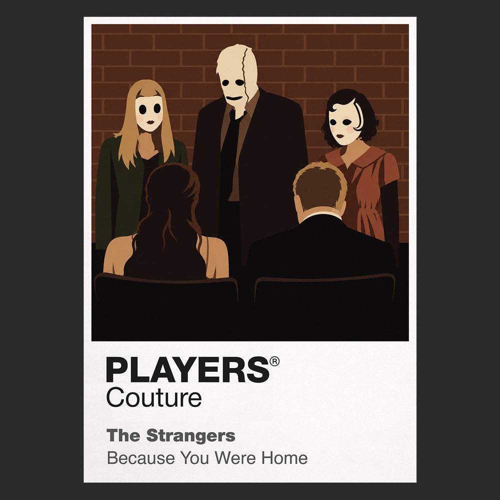 The Strangers three expressionless masked strangers standing outside an isolated house at night Icon Frame artwork in black
