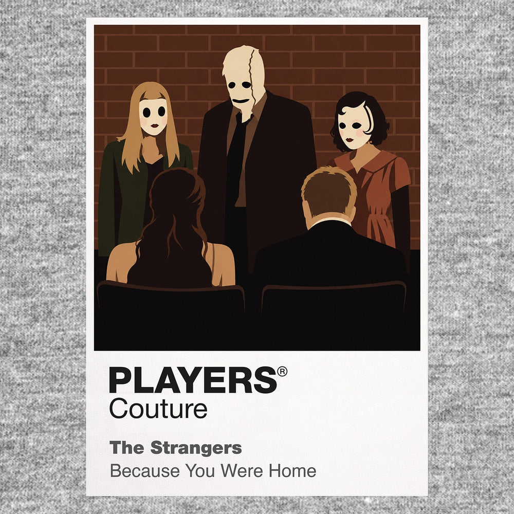 The Strangers – Masked Trio Dollface, Pin-Up Girl and the Man in the Mask arranged as an unnervingly calm masked portrait Icon Frame artwork in grey