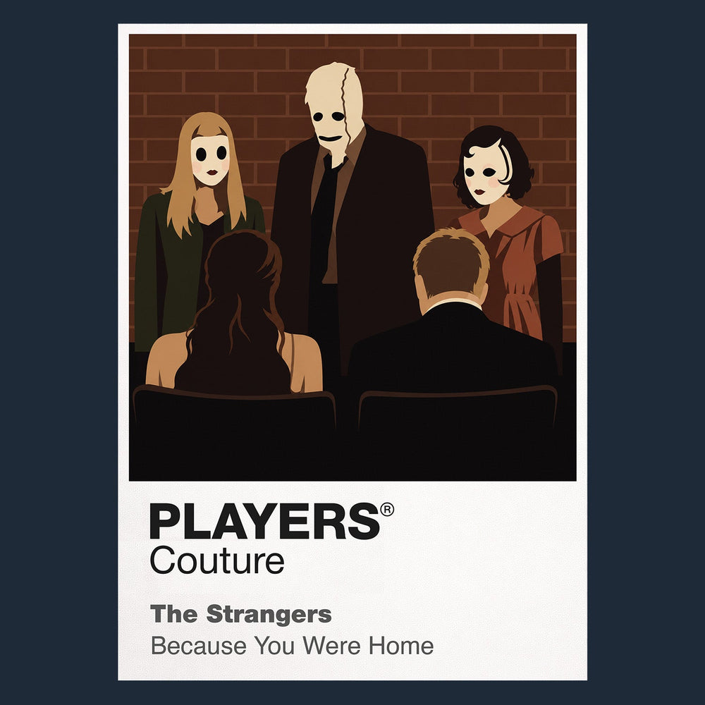 The Strangers – Masked Trio Dollface, Pin-Up Girl and the Man in the Mask arranged as an unnervingly calm masked portrait Icon Frame artwork in navy