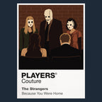The Strangers – Masked Trio Dollface, Pin-Up Girl and the Man in the Mask arranged as an unnervingly calm masked portrait Icon Frame artwork in navy