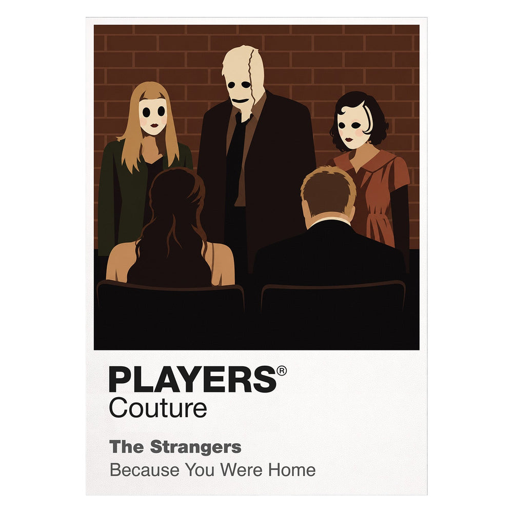 The Strangers – Masked Trio Dollface, Pin-Up Girl and the Man in the Mask arranged as an unnervingly calm masked portrait Icon Frame artwork on white