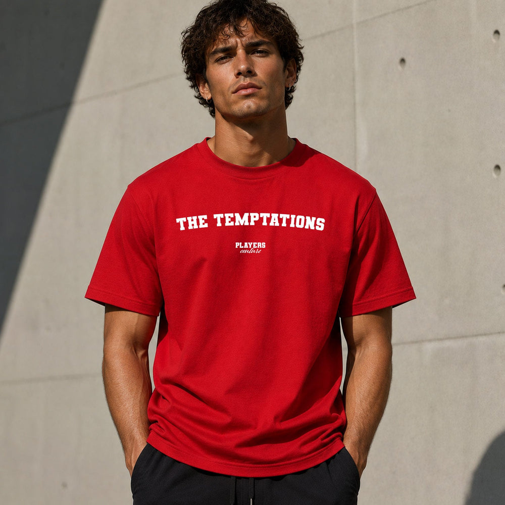 The Temptations Men's T-Shirt — lifestyle photo, Red t-shirt
