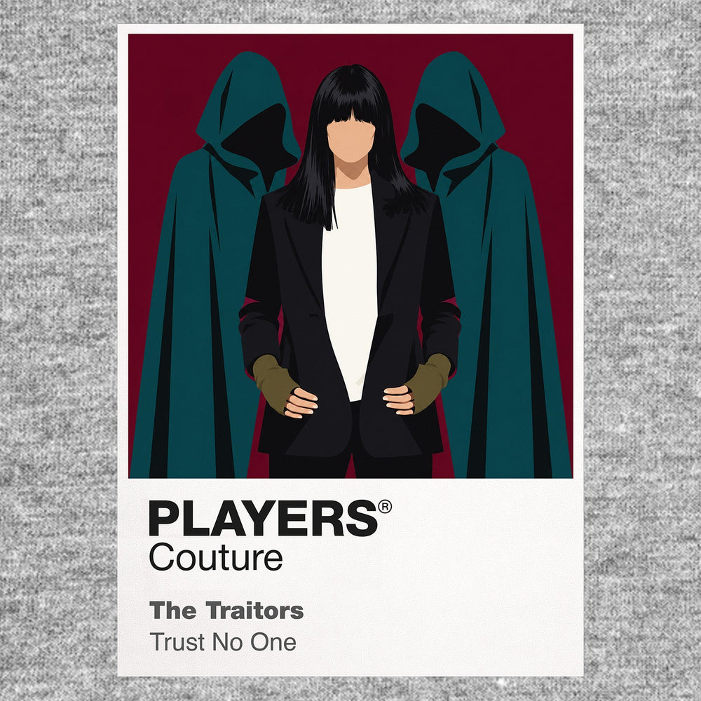 The Traitors the Scottish castle, hooded Traitors and round-table tension of the BBC competition Icon Frame artwork in grey