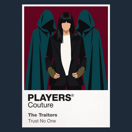 The Traitors the Scottish castle, hooded Traitors and round-table tension of the BBC competition Icon Frame artwork in navy