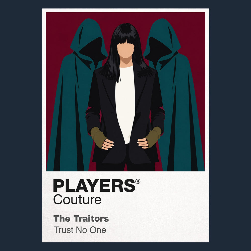 The Traitors the Scottish castle, hooded Traitors and round-table tension of the BBC competition Icon Frame artwork in navy