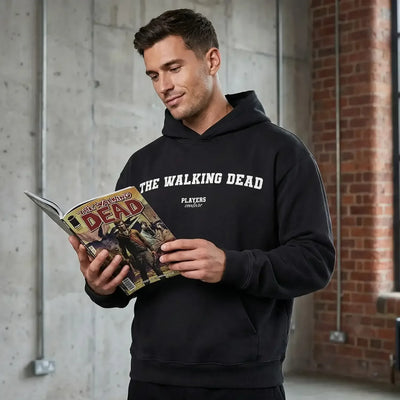 The Walking Dead hoodie – navy men's hoodie with white The Walking Dead letters and Players Couture logo on the chest