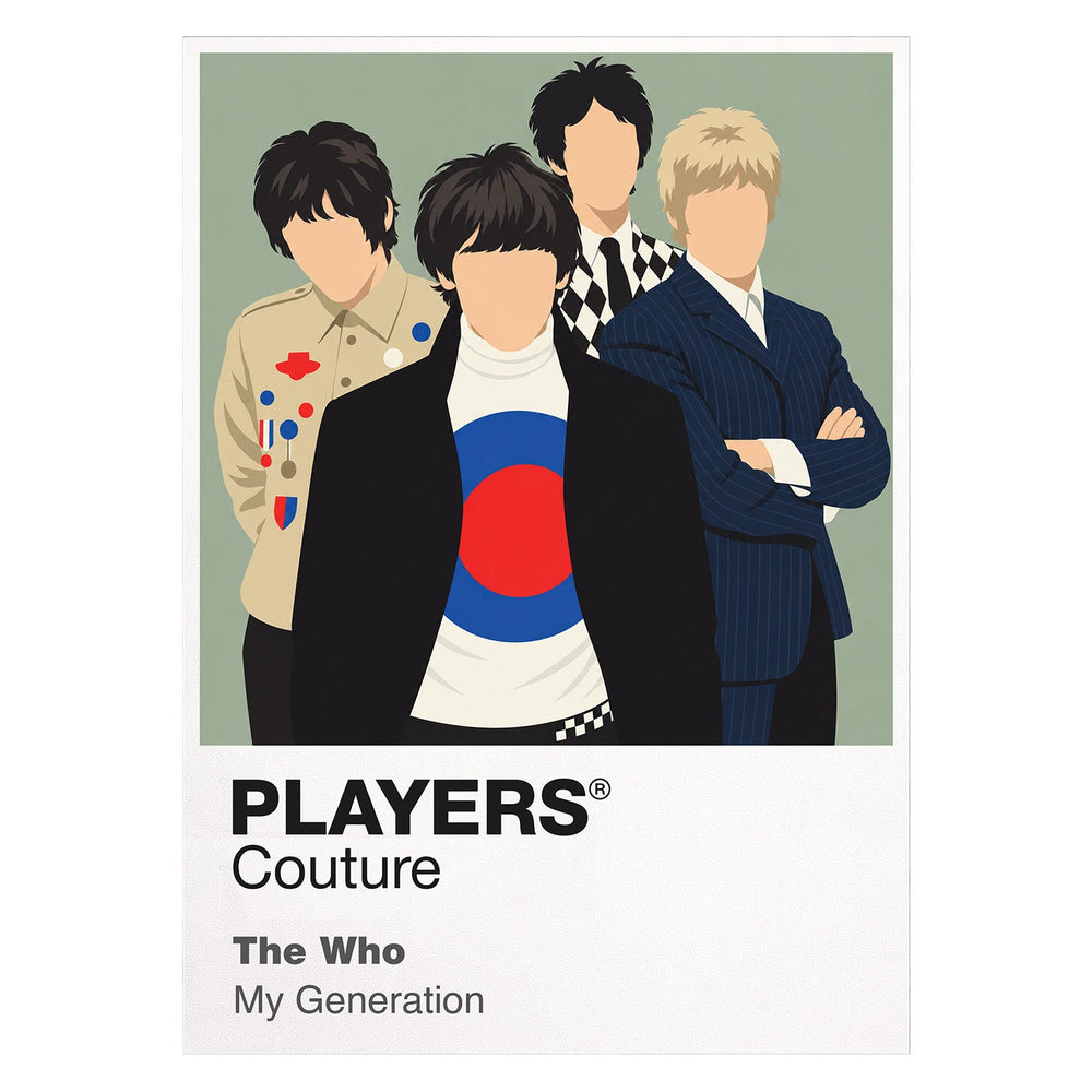 The Who the Who's contrasting microphone, guitar, bass and drum performance silhouettes Icon Frame artwork on white