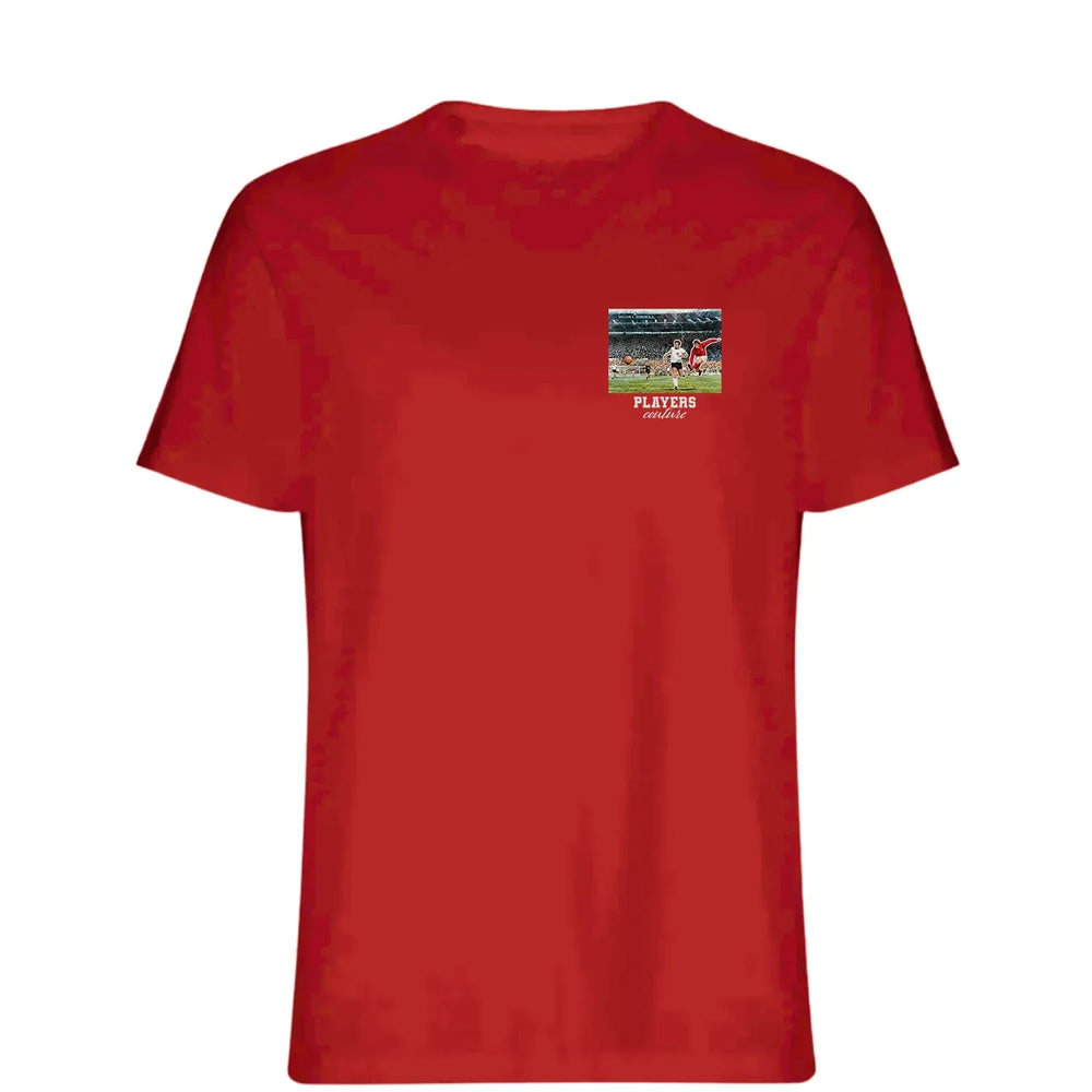 They Think It's All Over t-shirt – red men's t-shirt with white They Think It's All Over letters and Players Couture logo on