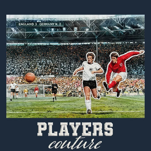 They Think It's All Over Badge Men's Hoodie – navy close-up detail shot of the Geoff Hurst Players Couture logo design