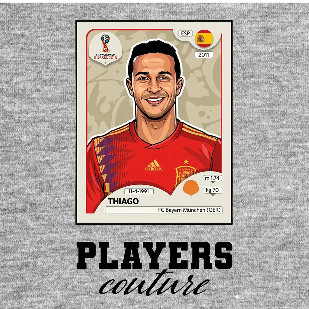 Thiago Alcantara World Cup Sticker Men's T-Shirt – grey close-up detail shot of the Thiago Alcantara World Cup Players