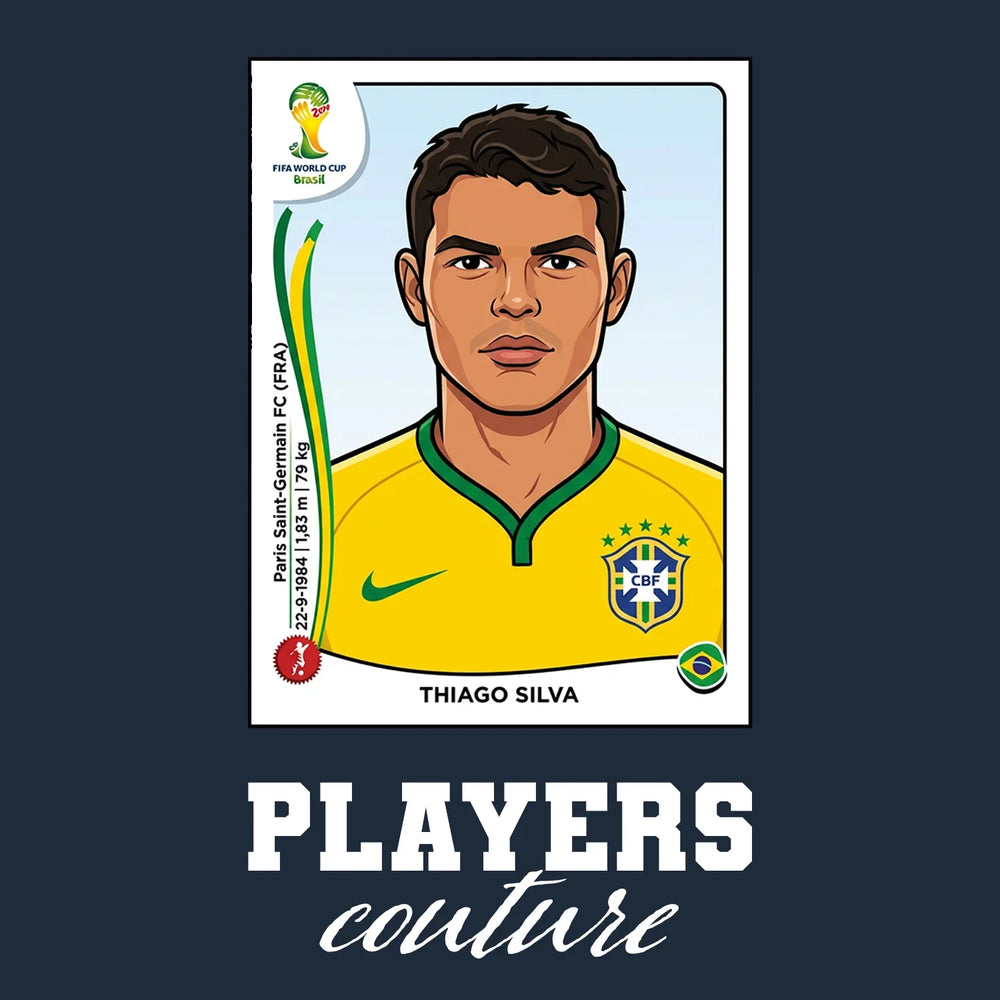 Thiago Silva World Cup Sticker Men's T-Shirt – navy close-up detail shot of the Thiago Silva World Cup Players Couture logo