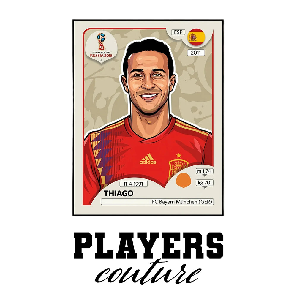 Thiago Alcantara World Cup Sticker Men's T-Shirt – white close-up detail shot of the Thiago Alcantara Players Couture logo