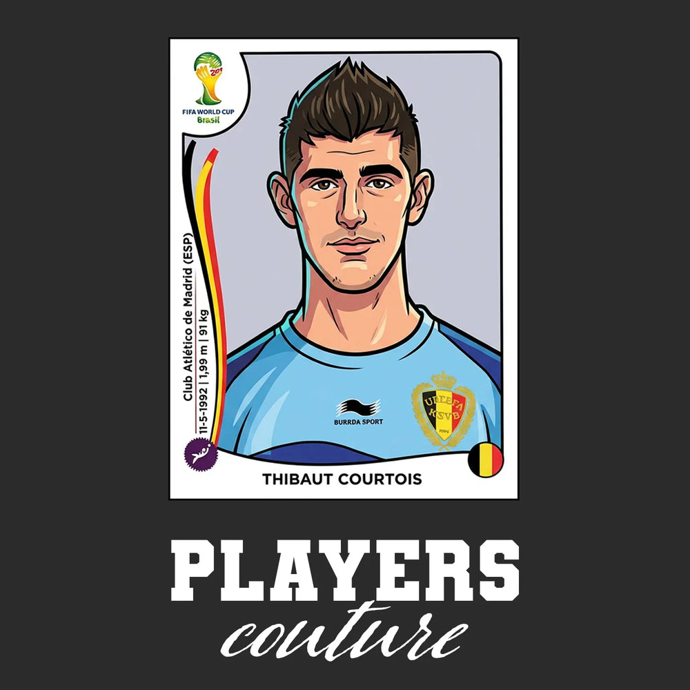 Thibaut Courtois World Cup Sticker Men's T-Shirt – close-up detail shot of the Thibaut Courtois World Cup Players Couture