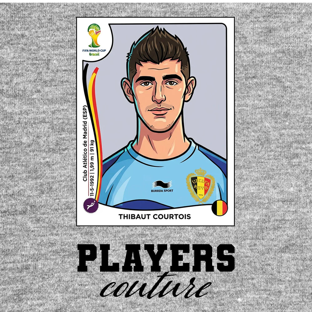 Thibaut Courtois World Cup Sticker Men's T-Shirt – close-up detail shot of the Thibaut Courtois World Cup Players Couture