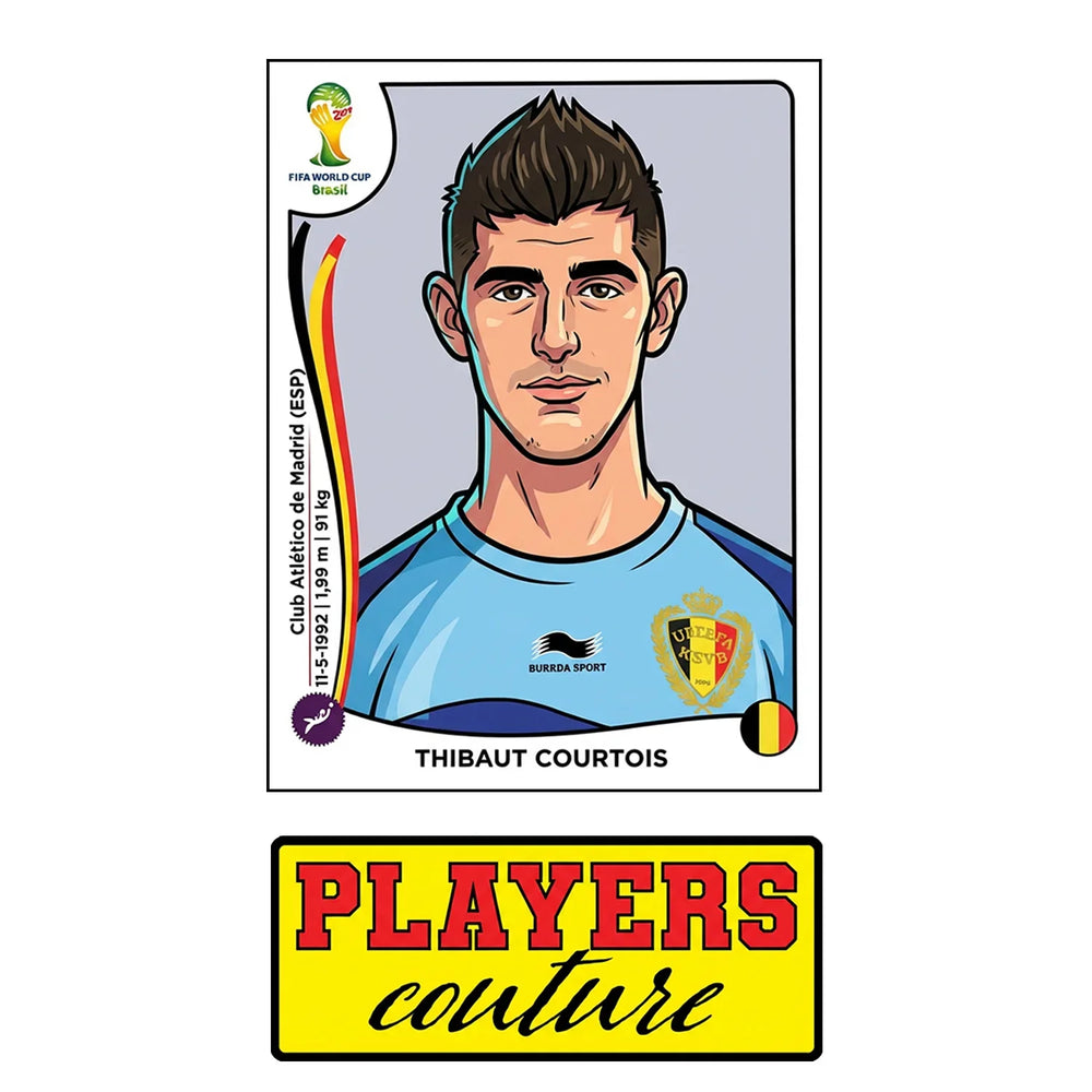 Thibaut Courtois World Cup Sticker Men's T-Shirt – close-up detail shot of the Thibaut Courtois World Cup Players Couture